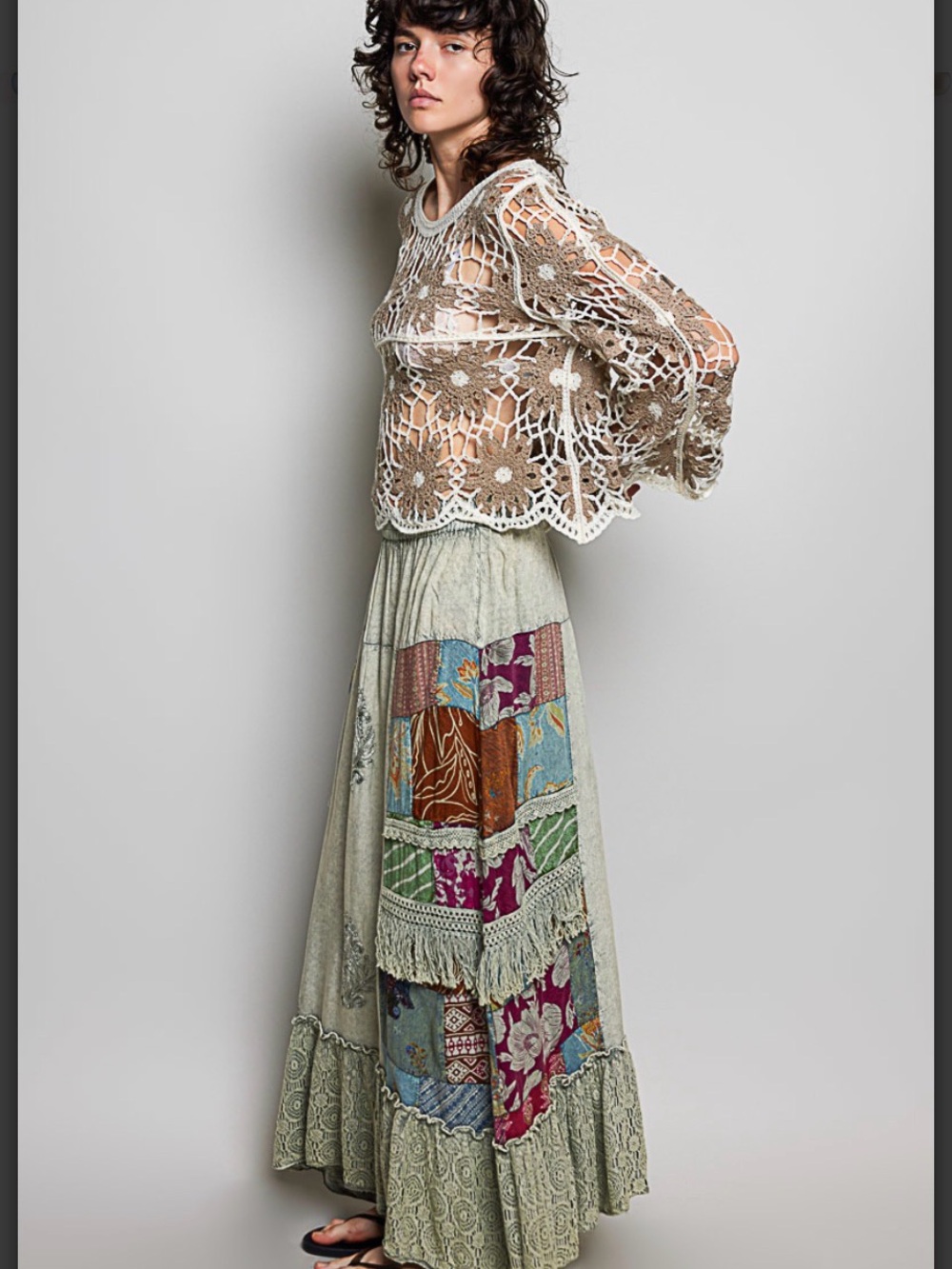 POL One of a Kind Patchwork Embroidered Ruffled Maxi Skirt Sage Multi - Picture 5 of 8